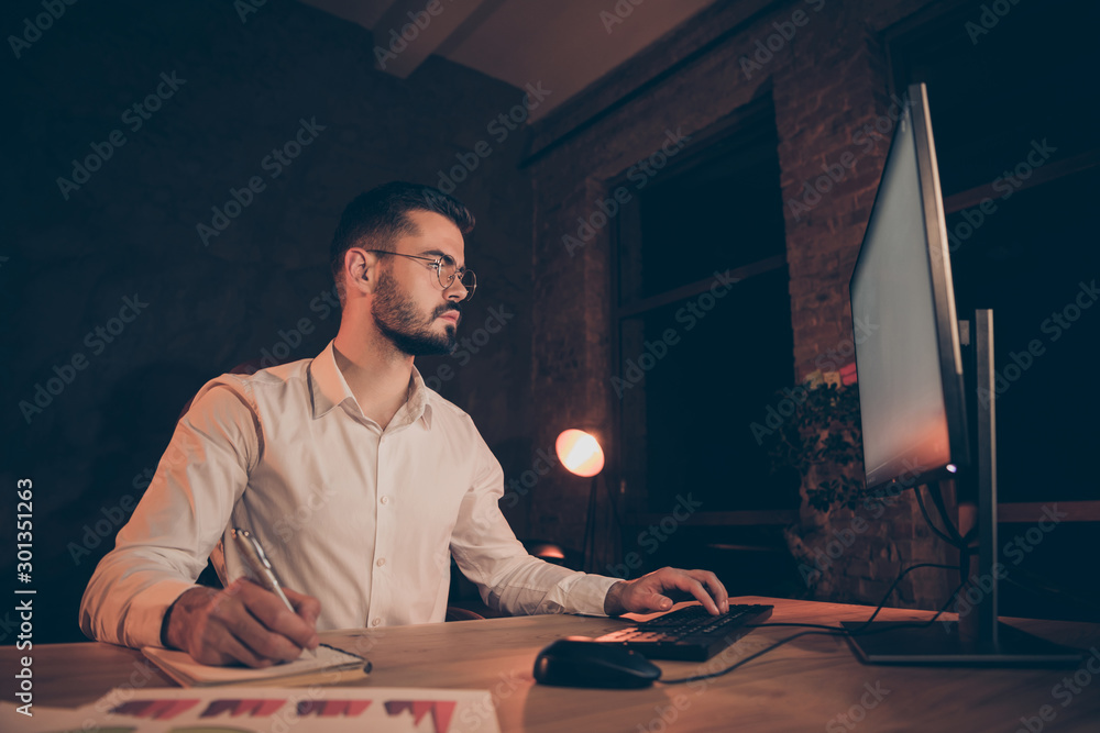 Poster low below angle view photo of pensive pondering thoughtful executive comparing written results of hi