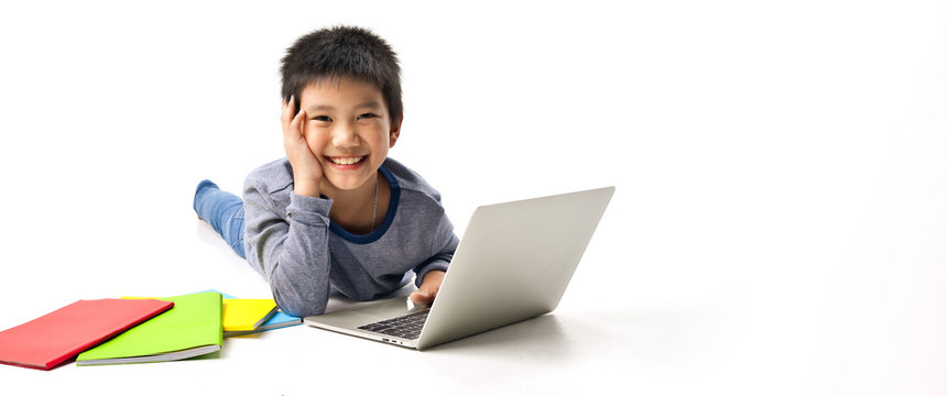 Banner Web Ratio Size Of Asian Little Kids With Pile Of Colourful Books And Laptop On White Background, Education Learning School Concept