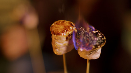 Close up of delicious marshmallow on sticks roasting