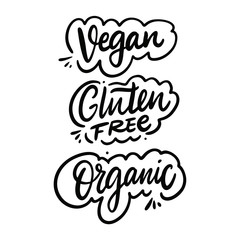 Vegan Organic Gluten Free sign set. Hand drawn vector lettering.