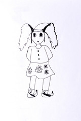 Children's drawing on paper: a little happy girl with long hair. 