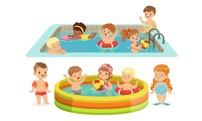 Children swimming in the pool. Vector illustration.