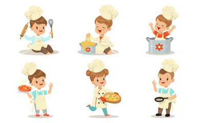 Toddlers in cook suits are cooking. Vector illustration.