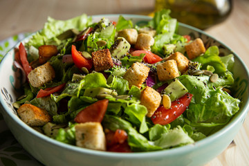 salad with tomatoes, avocados, close-up