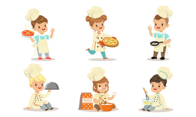 Boys and girls dressed as cooks cook. Vector illustration.