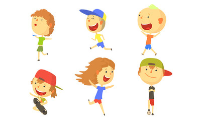 Cartoon children with big heads on a summer vacation. Vector illustration.