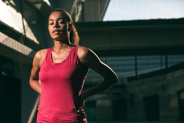 Calm beautiful athlete alone outdoors stock photo