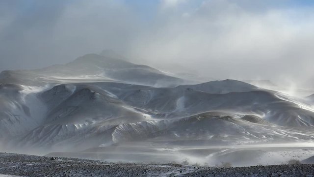 Time-lapse video of blizzard and strong snow windstorm in Altai Kuray mountain range in winter season.