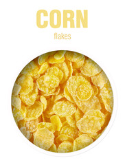 Corn flakes, located behind a round hole with shadows from it, are isolated on a white background with an inscription CORN flakes.