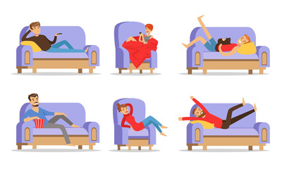Men and women are resting on blue sofas. Vector illustration.