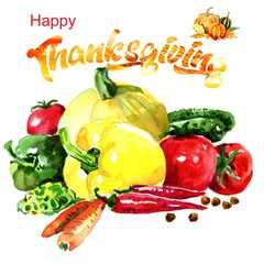 Thanksgiving watercolor drawing, various fresh vegetables for the holiday. For design greetings