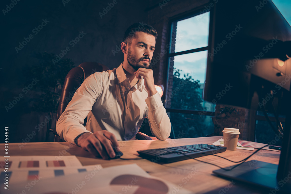 Poster low below angle view photo of pondering freelancer having accepted assignment to analyze all the inf