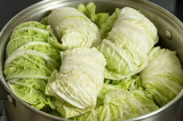 stuffed cabbage in a saucepan, freshly prepared dish close-up