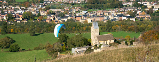 View from Selsley Common towards Ebley Stroud and with the distinctive Church of All Saints at...