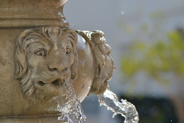 Sculpted face of lion in a public fountain pouring water