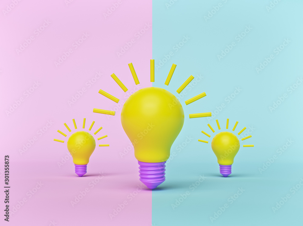 Poster close up view of light bulbs isolated on abstract pastel background. creative minimal idea. 3d rende
