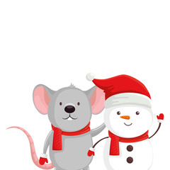 mouse with snowman character of merry christmas vector illustration design