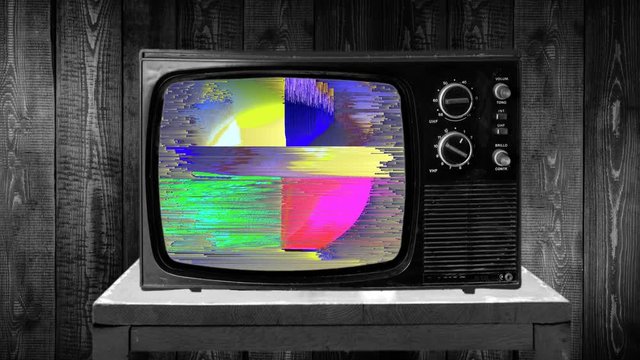 Old tv set with original tv color test screen, rgb cmyk no signal, static tv