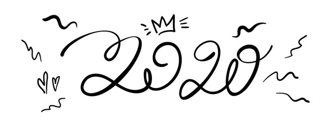 Happy New Year 2020 Handwritten kawaii lettering of 2020 doodle style with a cute crown on white background. 