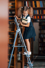 School girl on the ladder in library full of books. Education conception