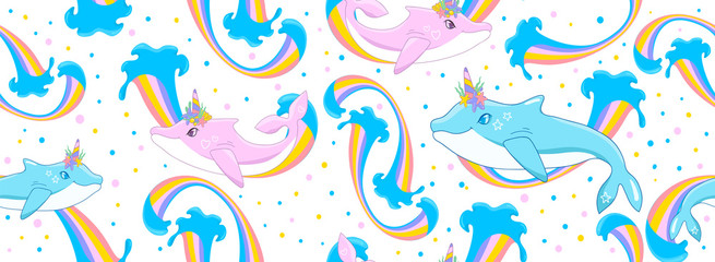 Vector Seamless Pattern With blue Whale Cute Cartoon Whale Narwhal Drawing  Unicorn on a white background seamless pattern killer whale and humpback whale.