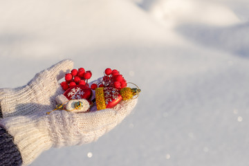 Human hands with open palms in white knitted mittens holding decorative new year toys on fresh snow background in sunny day. Merry Christmas and winter holidays concept. Greeting card