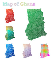 Hand-drawn map of Ghana. Colorful country shape. Sketchy Ghana maps collection. Vector illustration.