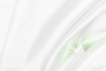 green palm leaves pattern overlay with white fabric texture soft blur background
