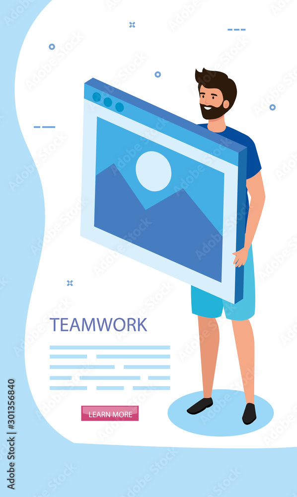 Poster man with web page in scene teamwork vector illustration design