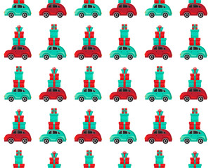 Seamless pattern red and green cars carries gifts in vector. Christmas and new year background. Cartoon toy car. Flat design vector festive holiday design element. Christmas shopping.