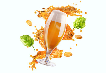 Refreshing golden glass of bear beverage 3D splash with beer foam, hops, wheat grains, beer...