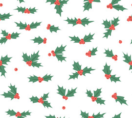 Hand drawn Christmas seamless pattern with holly on white background. Creative ink art work. Actual vector cartoon drawing
