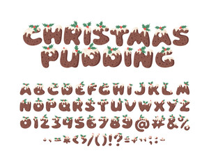 Cartoon vector illustration Christmas Pudding. Hand drawn font. Actual Creative Holidays bake alphabet, numbers and signs