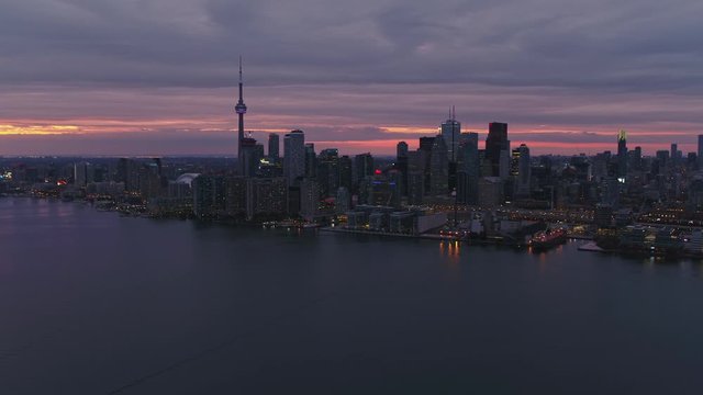 Toronto Ontario Aerial v48 Short panoramic Inner Harbour skyline cityscape at sunset - October 2017