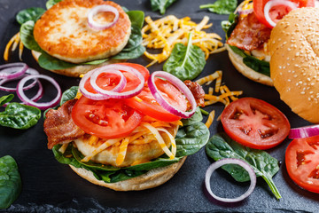 homemade turkey burgers on buns, top view