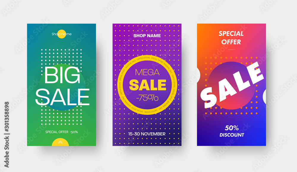 Poster Set of vector color gradient templates for mobile applications and social media. Banner design with a circle and a discount of 50 and 75% on a big sale, special offers.