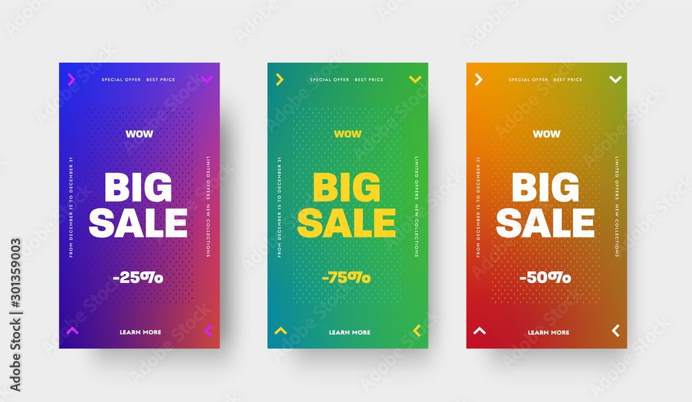 Poster set of vector color gradient banners with arrows and a discount of 25, 50 and 75% for a big sale and