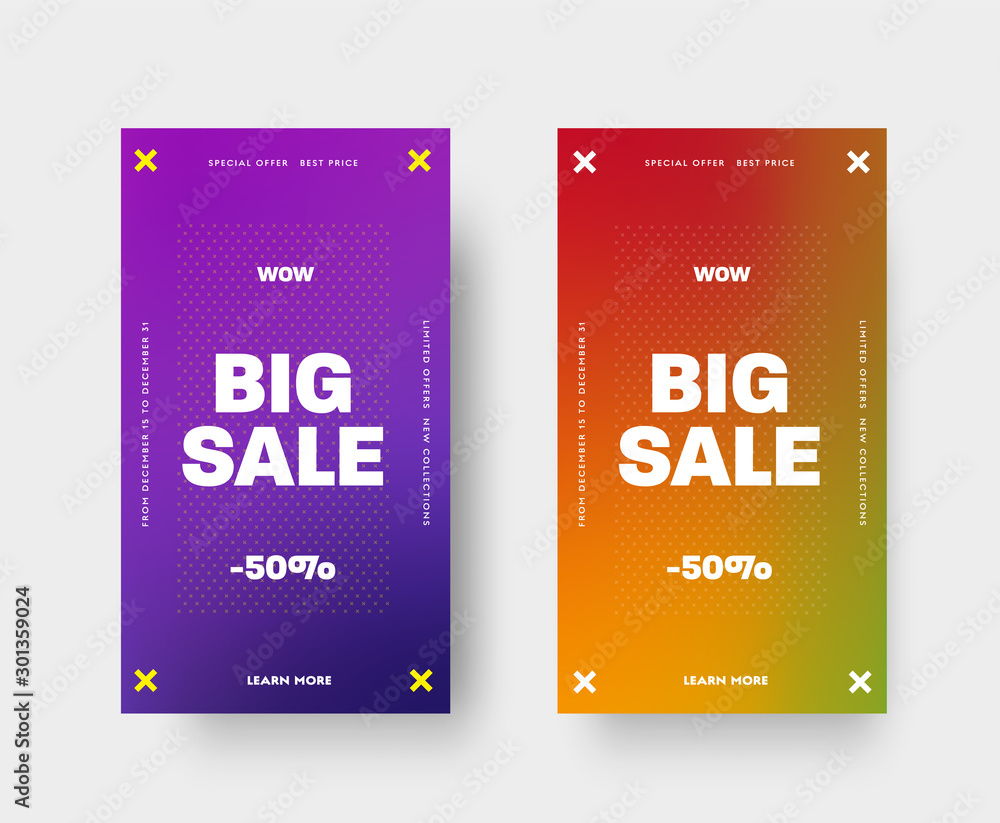 Poster template vector gradient set with crosses and a discount of 50% for social media and mobile applicat