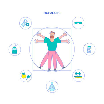 Biohacking vector illustration. Flat tiny self improvement persons concept. Biological health engineering using hacker ethic and anatomical AI monitoring. Grinder approach that affects organs wealth