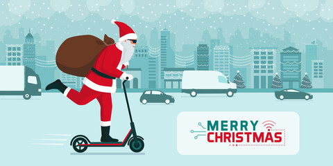 Futuristic Santa Claus carrying gifts on a kick scooter © elenabsl