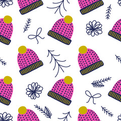 Winter hats, presents and trees pattern background. Ideal for wrapping paper, poster, advert, apparel, cloth.