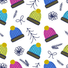 Winter hats, presents and trees pattern background. Ideal for wrapping paper, poster, advert, apparel, cloth.