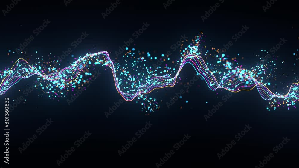 Fototapete 3d render loop animation of wavy strings with a lot of shiny particles. Render with depth of field.