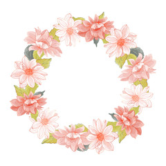 Beautiful wreath of pink flowers on white background. Dahlias and leaves. Round frame for your design, wedding stationary, fashion, invitation template, greeting card, saving the date card. Vector.