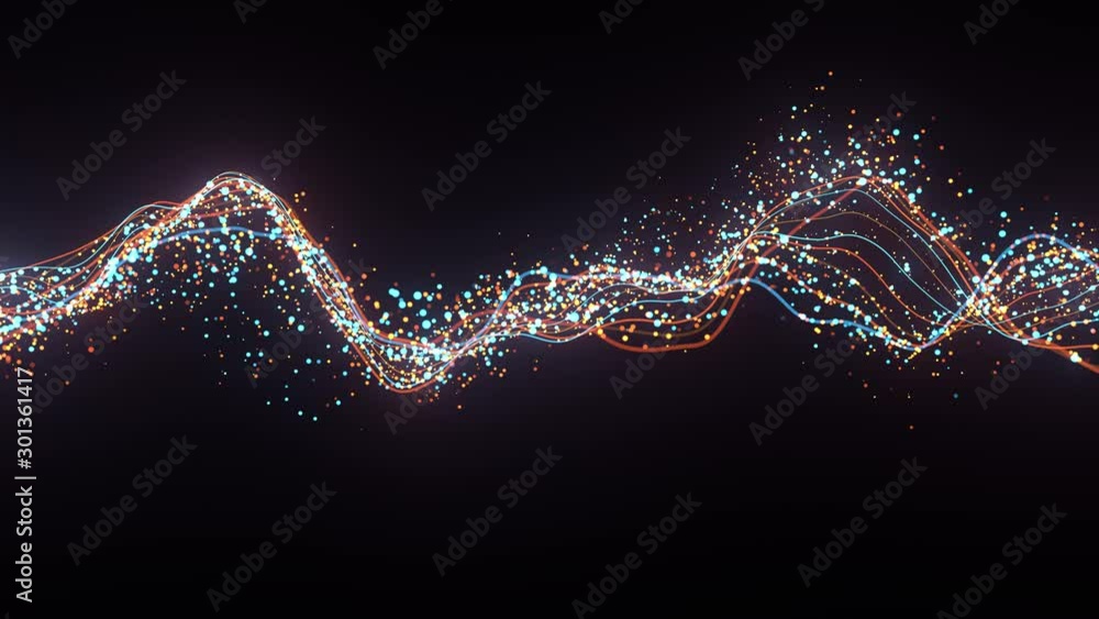 Fototapete 3d render loop animation of wavy strings with a lot of shiny particles. Render with depth of field.