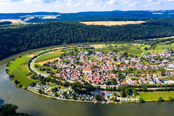 aerial view Binau Castle at river Neckar, Region Odenwald, Baden-Württemberg, Germany