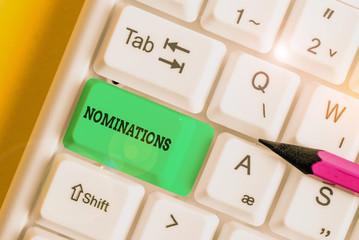 Handwriting text Nominations. Conceptual photo the act of officially suggesting someone for a job...
