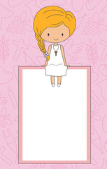 My first communion card. Girl sitting in a frame