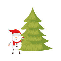 snowman with pine tree of merry christmas vector illustration design