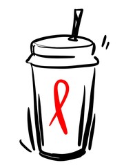 AIDS day. HIV. icon glass beverage take-out and red ribbon
